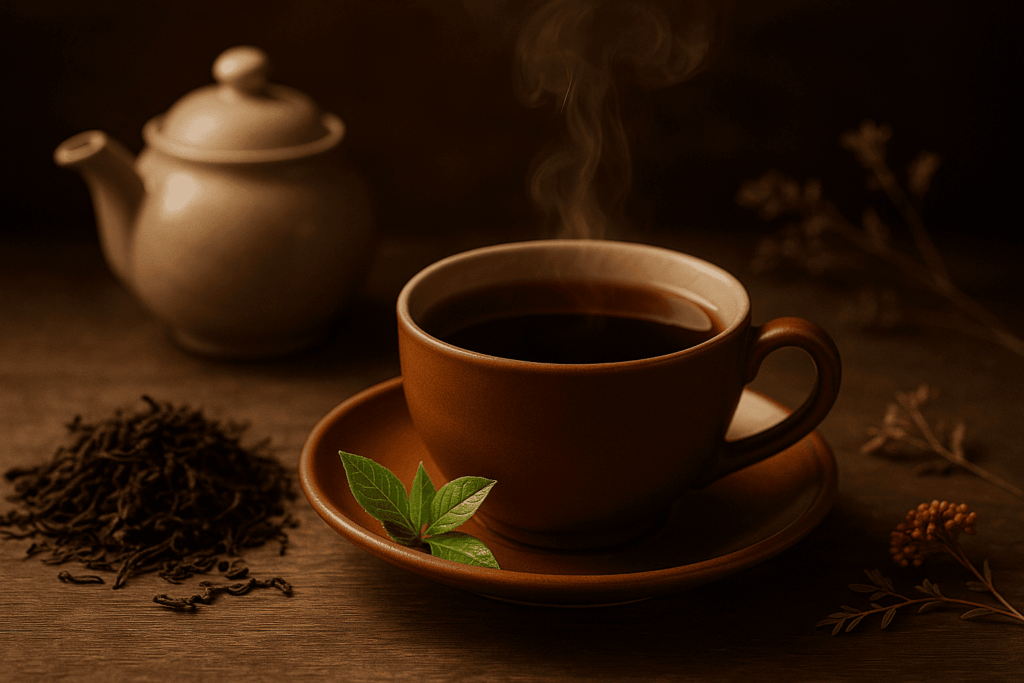 Um bule e uma xícara de chá preto com algumas folhas de chá preto, dispostos em uma mesa de madeira