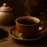 Um bule e uma xícara de chá preto com algumas folhas de chá preto, dispostos em uma mesa de madeira