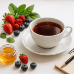 Uma xícara de chá preto, com frutas vermelhas ao lado, um pote de mel e um caderno com uma caneta em uma mesa branca.