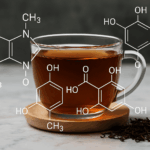 Uma xícara de chá preto com simbolos químicos cobrindo a tela.