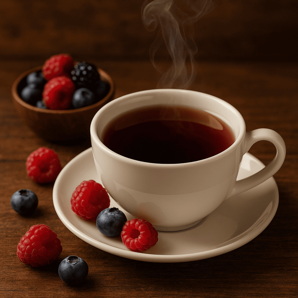 Xícara de chá preto fumegante em porcelana branca ou transparente, com frutas vermelhas frescas ou congeladas ao lado. Tons quentes, luz suave e madeira rústica no fundo, para transmitir aconchego e sofisticação.