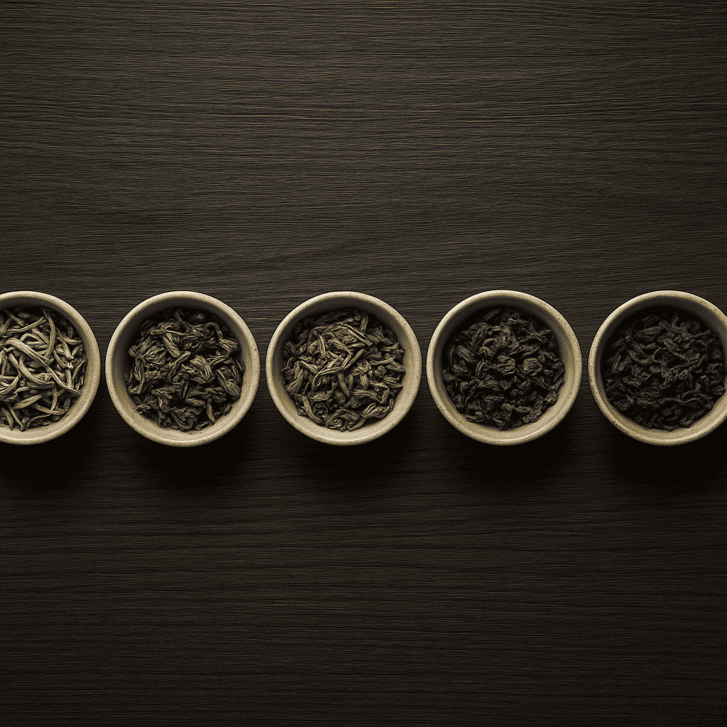 Flat lay elegante mostrando 6 tipos de folhas secas em tigelas pequenas (branco, verde, amarelo, oolong, preto, pu-erh), dispostas em um fundo de madeira escura.